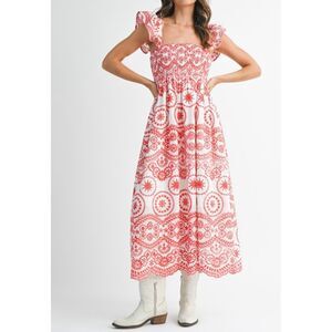 Ana & Rose NWT white and red embroidered eyelet midi smocked dress M